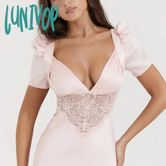 Lunivop Autumn Long Dresses For Women Elegant Pink Maxi V Neck Formal Occasion Dress Puff Sleeve