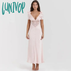 Lunivop Autumn Long Dresses For Women Elegant Pink Maxi V Neck Formal Occasion Dress Puff Sleeve