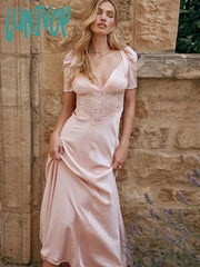 Lunivop Autumn Long Dresses For Women Elegant Pink Maxi V Neck Formal Occasion Dress Puff Sleeve