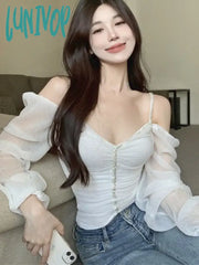 Lunivop Autumn Pink Sexy Elegant Blouse Women Ruffled Backless Korean Designer Tops Female Puff