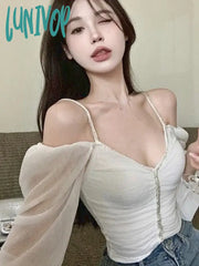 Lunivop Autumn Pink Sexy Elegant Blouse Women Ruffled Backless Korean Designer Tops Female Puff