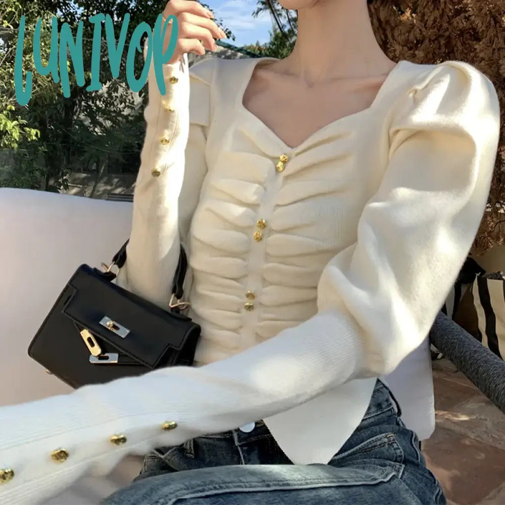 Lunivop Autumn Pleated Knitted Cropped Women Cardigan Square Collar Puff Long Sleeves Tops French