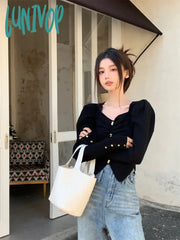 Lunivop Autumn Pleated Knitted Cropped Women Cardigan Square Collar Puff Long Sleeves Tops French