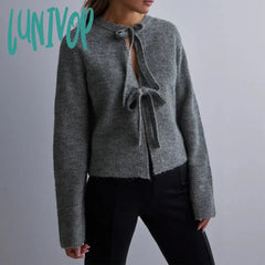 Lunivop Autumn Spring Hollow Out Knitted Sweater Women Y2K Front Tie Bowknot Cardigans 90S Vintage