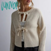 Lunivop Autumn Spring Hollow Out Knitted Sweater Women Y2K Front Tie Bowknot Cardigans 90S Vintage
