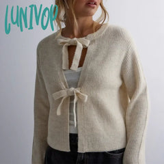 Lunivop Autumn Spring Hollow Out Knitted Sweater Women Y2K Front Tie Bowknot Cardigans 90S Vintage