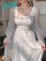 Lunivop Autumn Spring White Mesh Fairy Dress Woman French Vintage Embroidery Floral Flare Sleeve