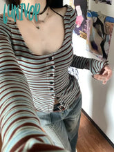 Lunivop Autumn Trendy Sexy Striped Contrast Color Crop Top Y2K Slim Bottoming Button Women T-Shirt