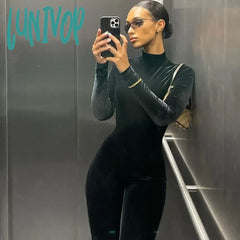 Lunivop Autumn Velvet Sexy Y2K Clothes Long Sleeve O-Neck Bodycon Skinny Zipper Jumpsuit Women