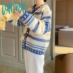 Lunivop Autumn Vintage Cardigan Sweater Blue Long Sleeve Coat V-Neck Casual Knitted Jumpers Womens