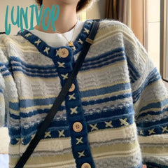 Lunivop Autumn Vintage Cardigan Sweater Blue Long Sleeve Coat V-Neck Casual Knitted Jumpers Womens
