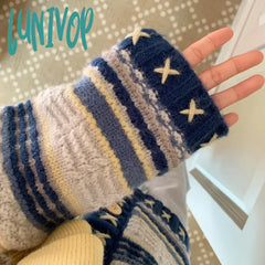 Lunivop Autumn Vintage Cardigan Sweater Blue Long Sleeve Coat V-Neck Casual Knitted Jumpers Womens