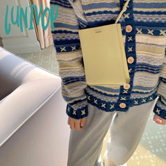 Lunivop Autumn Vintage Cardigan Sweater Blue Long Sleeve Coat V-Neck Casual Knitted Jumpers Womens