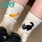 Lunivop Autumn Vintage Dot Women Cat Fish Socks Cute Cartoon Pattern Middle Tube Soft Thermal Warm