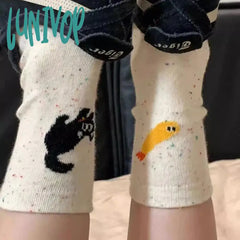 Lunivop Autumn Vintage Dot Women Cat Fish Socks Cute Cartoon Pattern Middle Tube Soft Thermal Warm