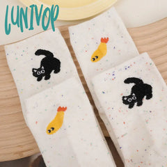 Lunivop Autumn Vintage Dot Women Cat Fish Socks Cute Cartoon Pattern Middle Tube Soft Thermal Warm