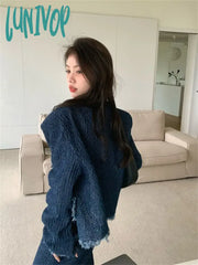 Lunivop Autumn Vintage Tassel Two Piece Set Women Korean Style Folds V-Neck Jacket + Midi Skirts