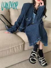 Lunivop Autumn Vintage Tassel Two Piece Set Women Korean Style Folds V-Neck Jacket + Midi Skirts