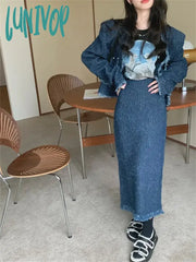 Lunivop Autumn Vintage Tassel Two Piece Set Women Korean Style Folds V-Neck Jacket + Midi Skirts