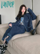 Lunivop Autumn Vintage Tassel Two Piece Set Women Korean Style Folds V-Neck Jacket + Midi Skirts