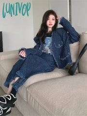 Lunivop Autumn Vintage Tassel Two Piece Set Women Korean Style Folds V-Neck Jacket + Midi Skirts