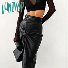 Lunivop Autumn Winter Black Pencil Skirts Women Pu Leather Sexy High Waist Split With Belt Midi