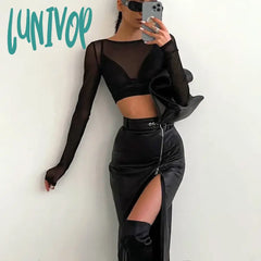 Lunivop Autumn Winter Black Pencil Skirts Women Pu Leather Sexy High Waist Split With Belt Midi