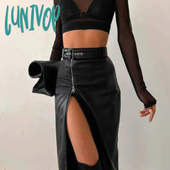 Lunivop Autumn Winter Black Pencil Skirts Women Pu Leather Sexy High Waist Split With Belt Midi
