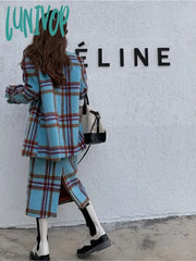 Lunivop Autumn Winter Female Fashion Casual Blue Plaid 2 Piece Set Vintage Long-Sleeve Minimalist