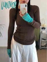 Lunivop Autumn Winter Grunge Vintage Tees Contrast Color Knitted Y2K Aesthetic Tshirts Women Casual