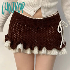 Lunivop Autumn Winter Knit Ruffles Skirt Vintage Y2K Low Rise Contrast Patchwork Pencil Mini Skirts