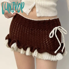 Lunivop Autumn Winter Knit Ruffles Skirt Vintage Y2K Low Rise Contrast Patchwork Pencil Mini Skirts