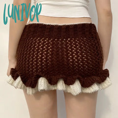 Lunivop Autumn Winter Knit Ruffles Skirt Vintage Y2K Low Rise Contrast Patchwork Pencil Mini Skirts