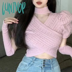 Lunivop Autumn Winter Korean Fashion Retro Soft Cashmere Screw Thread Sweater Removable Puff