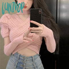Lunivop Autumn Winter Korean Fashion Retro Soft Cashmere Screw Thread Sweater Removable Puff