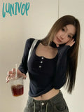 Lunivop Autumn Winter Long Sleeve Simple Solid Crop Top Square Collar Bottoming Vintage Tshirts Y2K