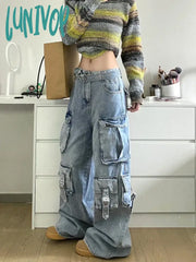 Lunivop Autumn Winter New Ladies Cargo Jeans American Street Style Baggy Pants Women Blue