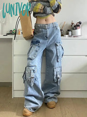 Lunivop Autumn Winter New Ladies Cargo Jeans American Street Style Baggy Pants Women Blue