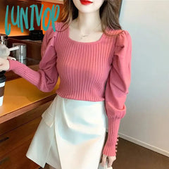 Lunivop Autumn Winter New Women’s Pullovers Commuter Square Collar Screw Thread Folds Puff Sleeve