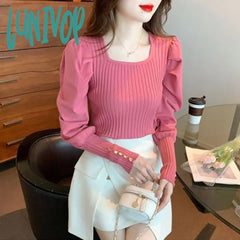 Lunivop Autumn Winter New Women’s Pullovers Commuter Square Collar Screw Thread Folds Puff Sleeve