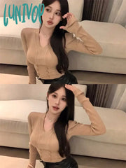 Lunivop Autumn Winter Vintage Buttons V-Neck Sweater Ladies Loose Casual Knitting Pullover Top