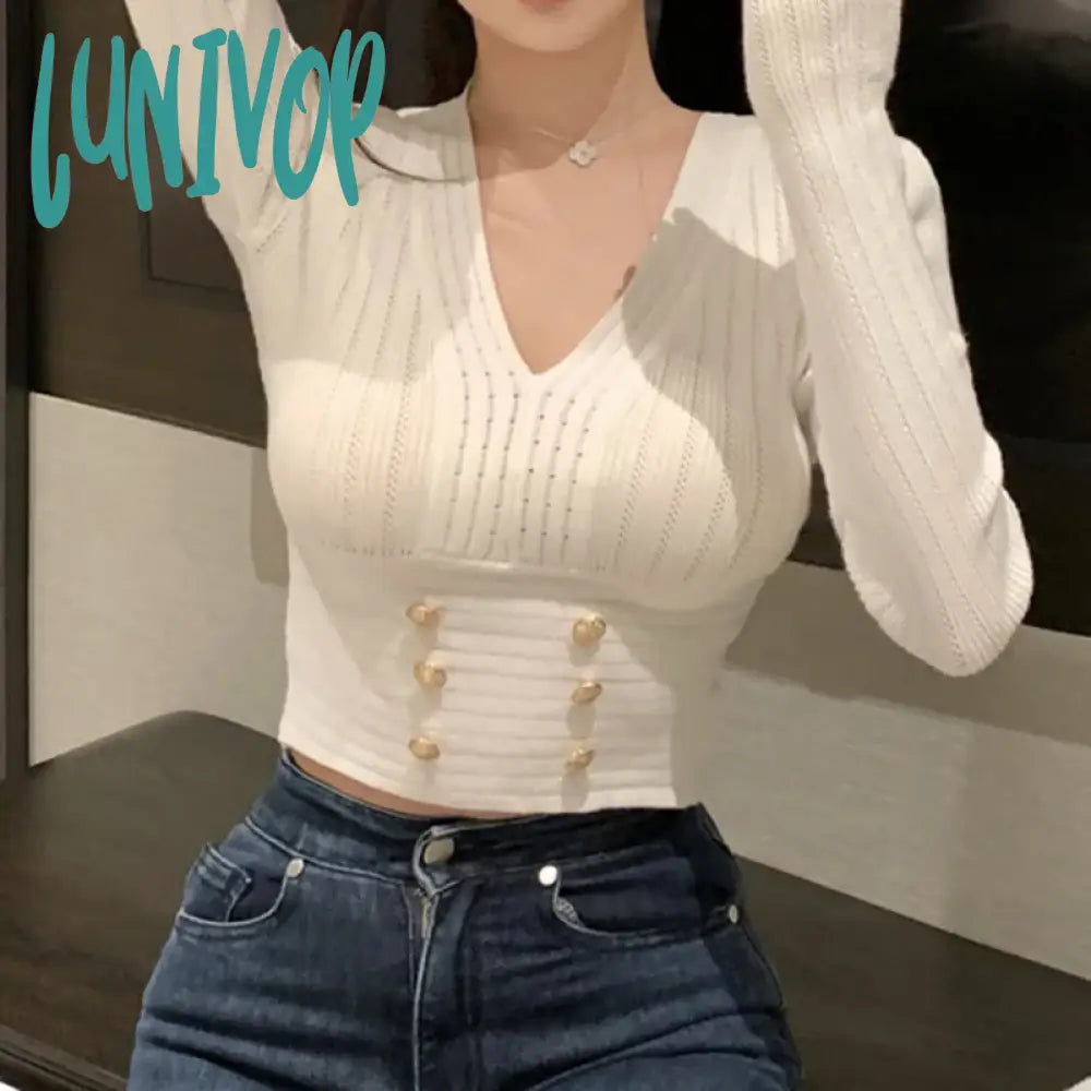 Lunivop Autumn Winter Vintage Buttons V-Neck Sweater Ladies Loose Casual Knitting Pullover Top