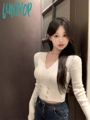 Lunivop Autumn Winter Vintage Buttons V-Neck Sweater Ladies Loose Casual Knitting Pullover Top