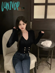 Lunivop Autumn Winter Vintage Buttons V-Neck Sweater Ladies Loose Casual Knitting Pullover Top