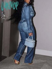 Lunivop Autumn Winter Women Imitation Denim Pocket Button Design Jumpsuit Fashion Long Sleeve Daily