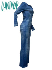 Lunivop Autumn Winter Women Imitation Denim Pocket Button Design Jumpsuit Fashion Long Sleeve Daily