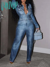 Lunivop Autumn Winter Women Imitation Denim Pocket Button Design Jumpsuit Fashion Long Sleeve Daily