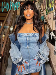 Lunivop Autumn Winter Women Sexy Strapless Denim Dress Solid Slim Fit Bodycon Mini For