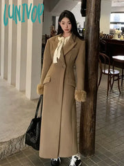 Lunivop Autumn Winter Women’s White Woolen Overcoats Lapel Single-Button Removable Fur Cuff Long