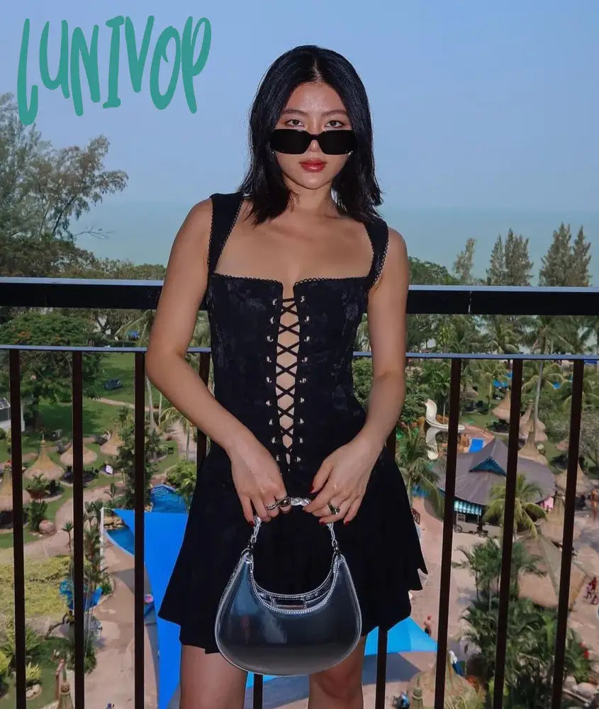 Lunivop Autumn Women Black Lace Up Bodycon Dress Sexy Mini Spaghetti Strap Pleated Female Birthday